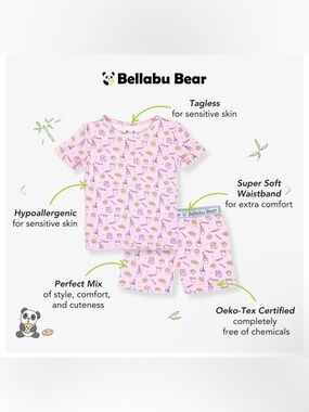 Bellabu Bear Milk & Cookies Pink Bamboo Kids Pajama Short Set